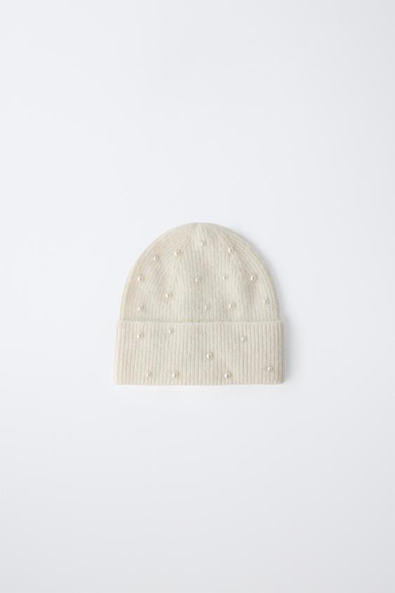 KNIT HAT WITH FAUX PEARLS - Ecru by Zara - Image 0
