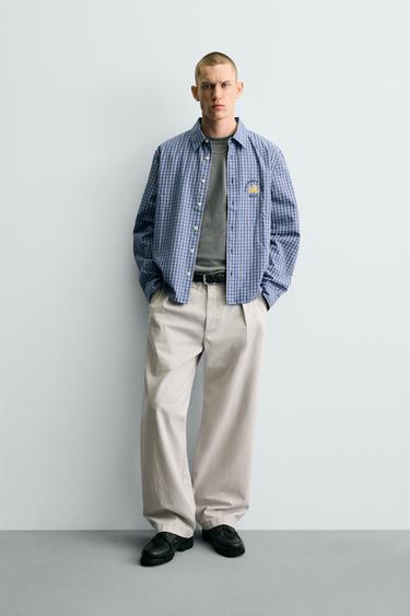 CROPPED FIT CHECK EMBROIDERED SHIRT - Blue by Zara