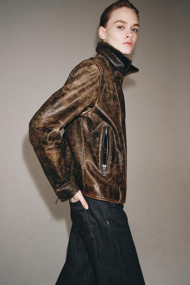 100% LEATHER BIKER JACKET ZW COLLECTION LIMITED EDITION - Brown by Zara - Image 3