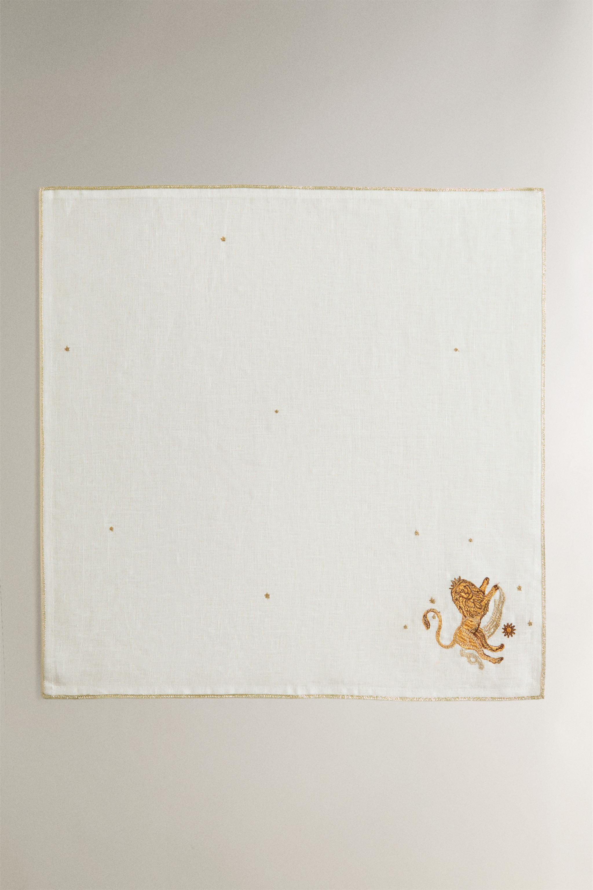 EMBROIDERED LEO LINEN NAPKIN | MARISA BERENSON — Ecru