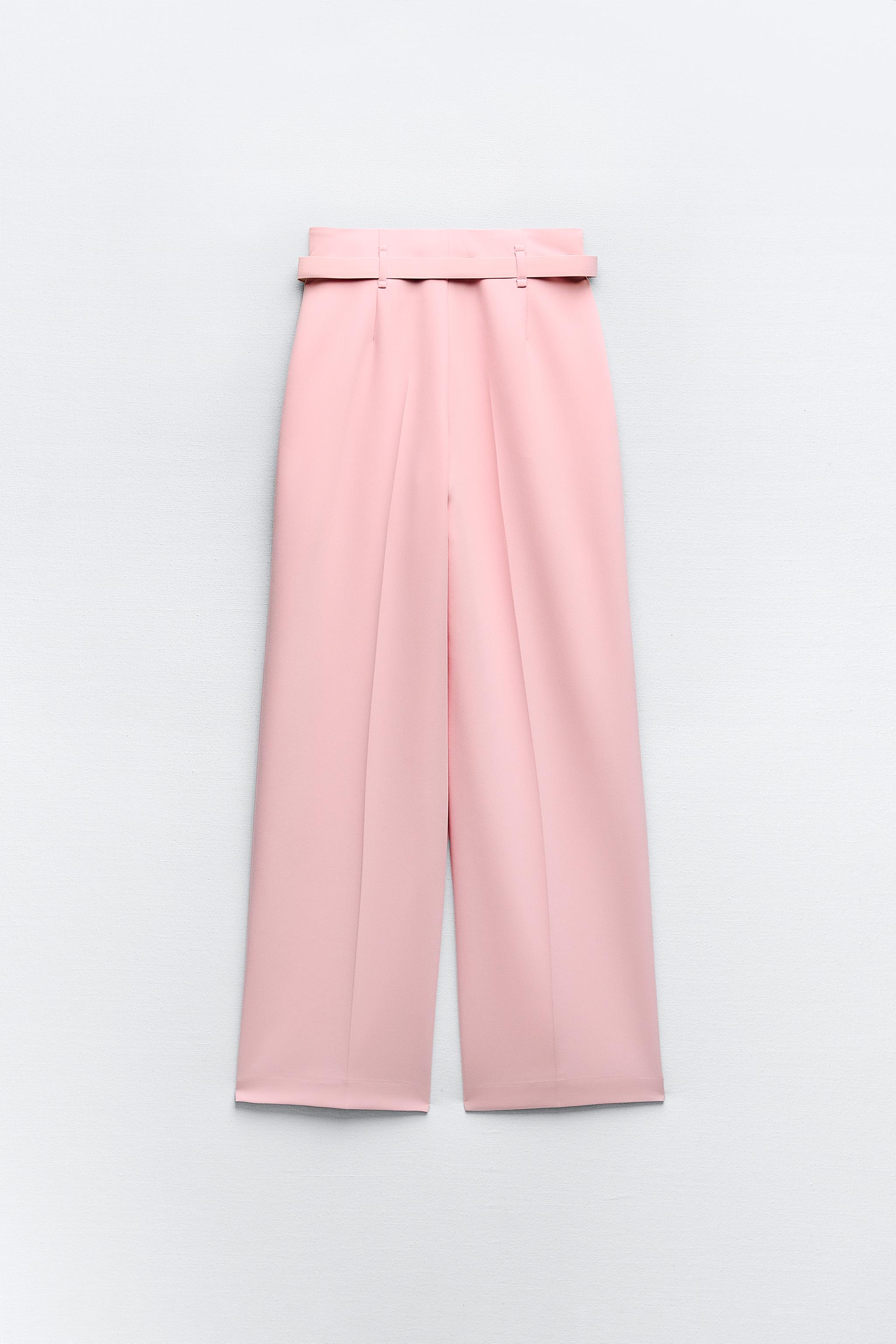 ZARA WOMEN HIGH WAISTED PANTS WITH FABRIC-COVERED BELT NEW PINK