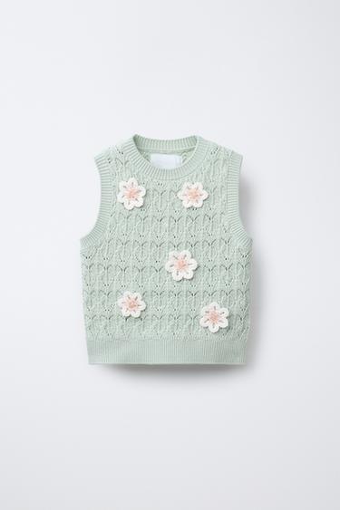 Zara BEADED FLORAL KNIT VEST - Sea green