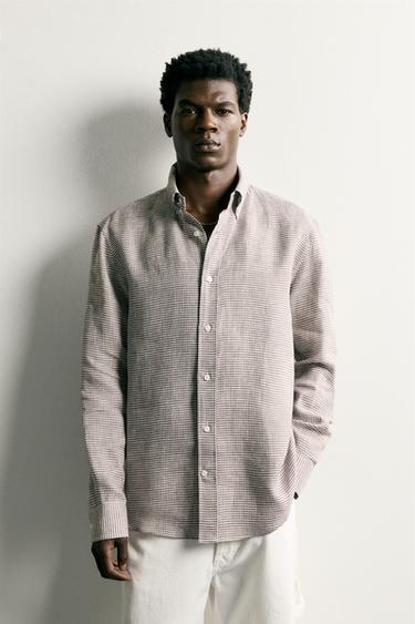 100% LINEN REGULAR FIT CHECKED SHIRT - camel by Zara