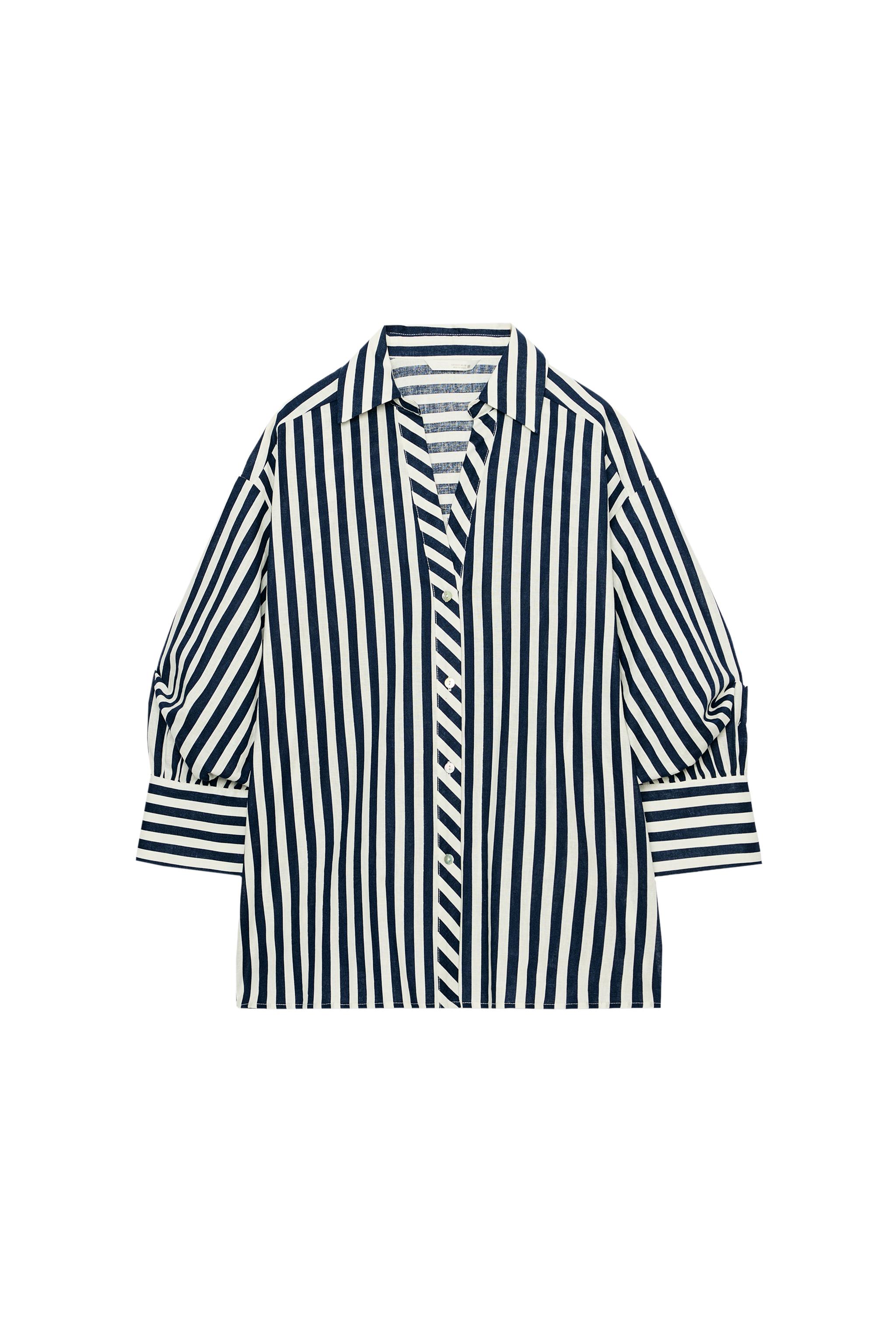 リネンストライプ柄パフスリーブシャツ - 青色/白色 | ZARA Japan / 日本