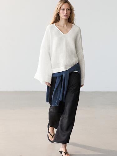 Zara 100% linen waffle-knit flowing blouse - Oyster-white
