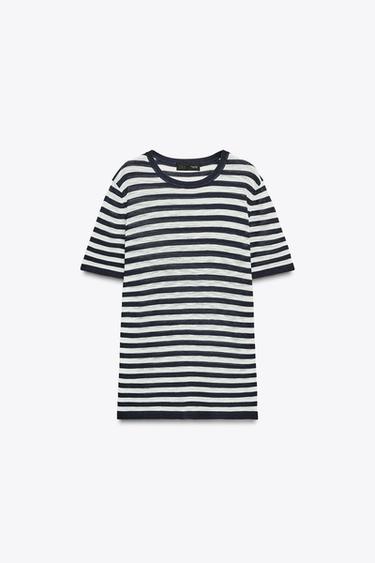 STRIPED KNIT SHORT SLEEVE TOP - Navy / White by Zara - Image 3