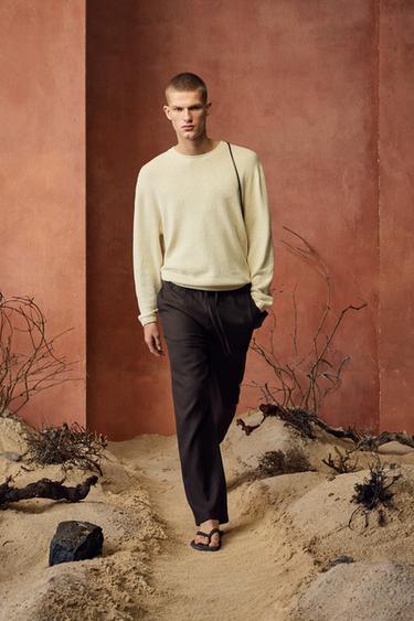 RELAXED FIT COTTON/LINEN TROUSERS - Brown by Zara