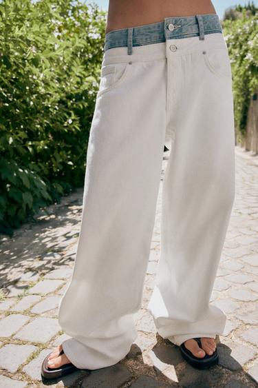 Zara TRF STRAIGHT DOUBLE WAISTBAND MID-RISE JEANS - White