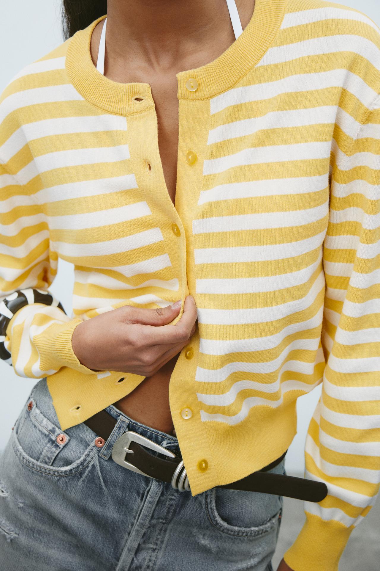 Zara STRIPED KNIT JACKET - Ecru/Yellow