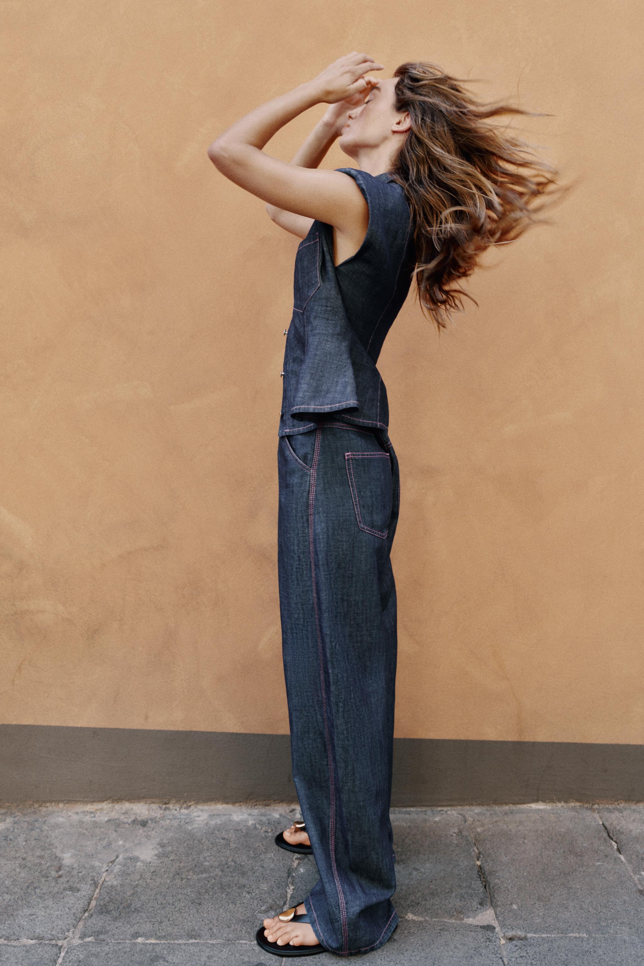 Женские брюки Zara LINEN BLEND SHIRT WITH SHOULDER PADS AND BARREL PANTS SET — фото 3