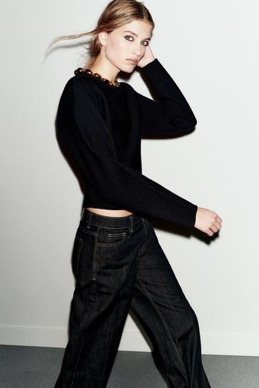 KNIT JUMPER WITH BEADED NECKLINE - Black by Zara