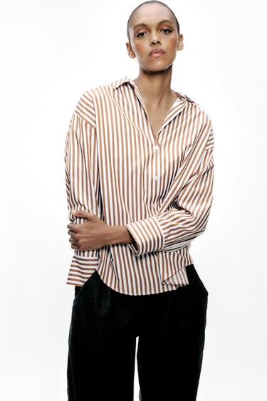 Zara STRIPED SHIRT WITH METALLIC THREAD - Brown / White