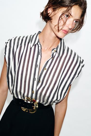 ROBE MI-LONGUE BIMATIÈRE RAYURES CEINTURE - Écru / Noir de Zara - Image 4