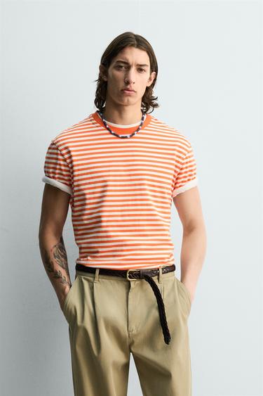 Zara TRIIBULINE ŽAKAARKUDUMIGA T-SÄRK REGULAR FIT - valge-oranž