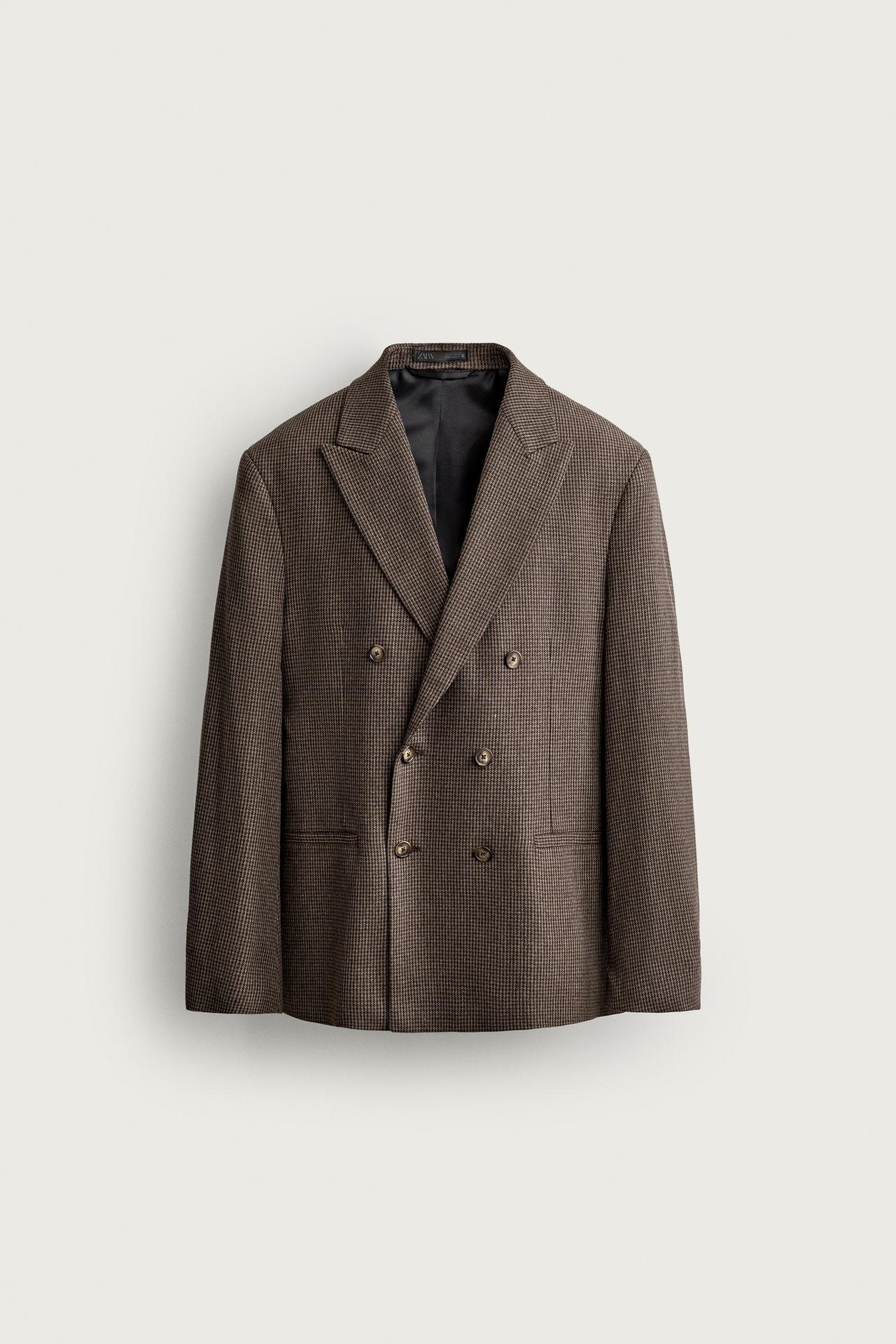 HOUNDSTOOTH DOUBLE-BREASTED BLAZER — Brown