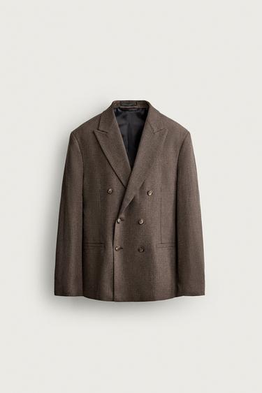 HOUNDSTOOTH DOUBLE-BREASTED BLAZER — Brown 1