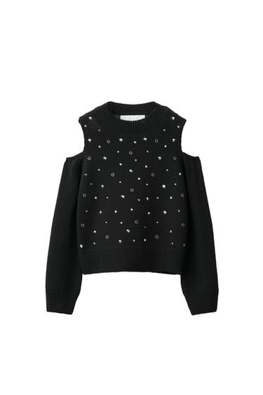 JERSEY PUNTO CUT OUT STRASS - Negro de Zara
