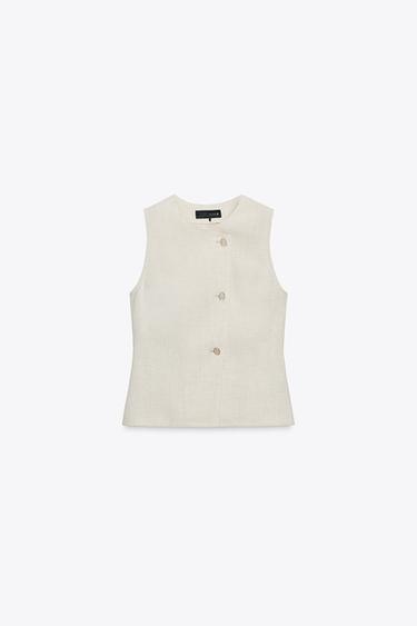 Zara LINEN DOUBLE BREASTED VEST - Ecru