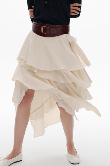 ZW COLLECTION FLOWING RUFFLE SKIRT - Beige / Green by Zara