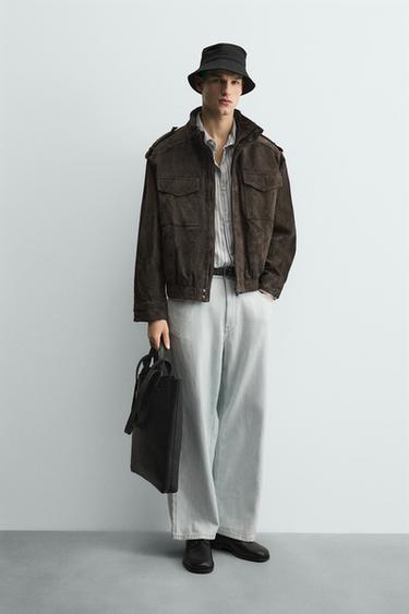 CAZADORA PIEL ANTE - Gris antracita de Zara - Imagen 0