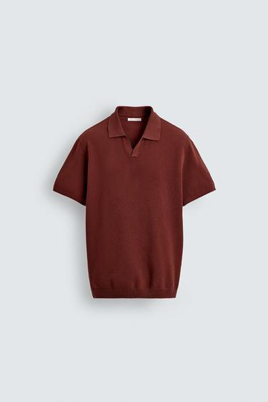 TEXTURED KNIT POLO SHIRT - dark russet by Zara