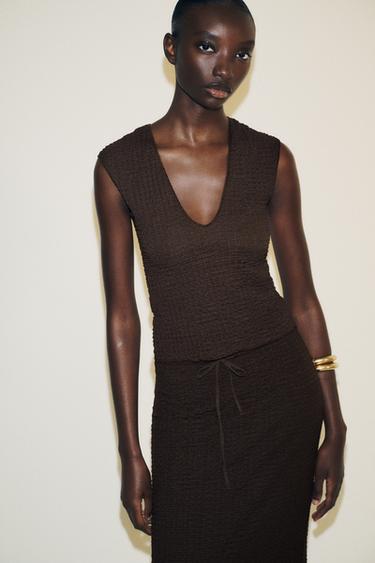 Zara TEXTURED TOP - Chocolate