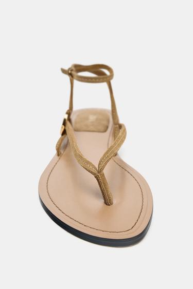 Zara SUEDE FLAT SANDALS WITH APPLIQUÉ - SAND/BROWN