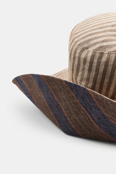 100% LINEN STRIPED REVERSIBLE HAT - Blue by Zara - Image 6