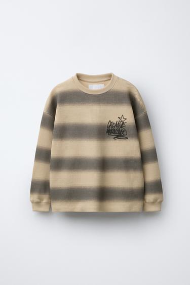 Zara STRIPED WAFFLE KNIT TOP - Sand