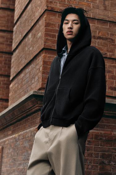 Zara 水洗華夫格連帽運動衫 - 深無煙煤色