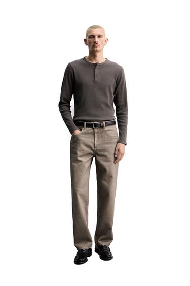 Zara COTTON-HEMP BUTTON-NECK T-SHIRT - Earth