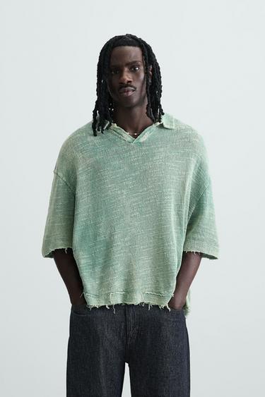 Zara WASHED KNIT POLO SHIRT - Washed green