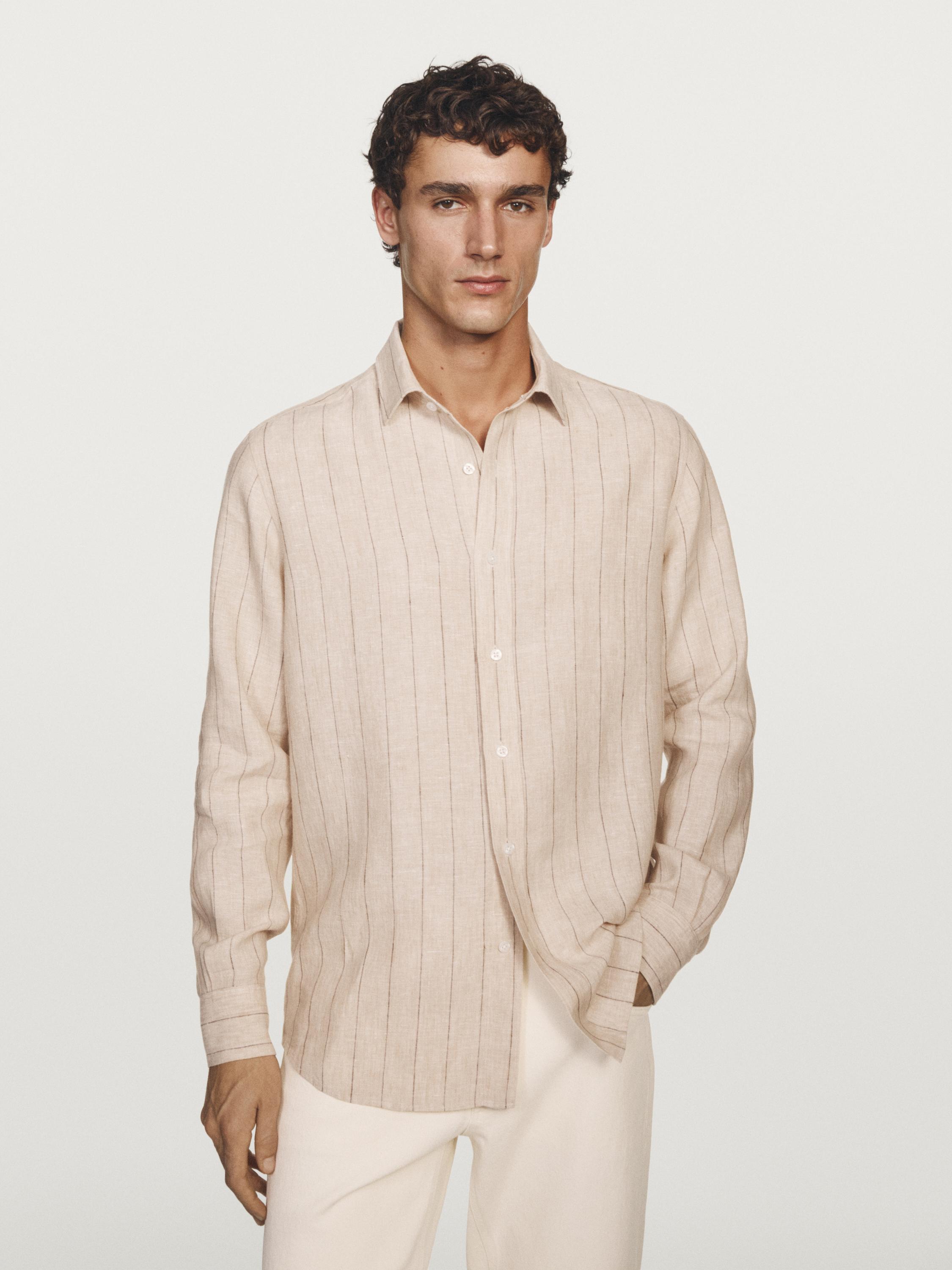 Regular fit striped linen shirt — Beige / Green