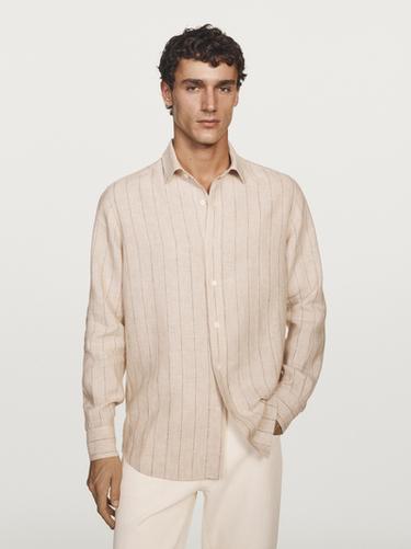 Zara Regular fit striped linen shirt - Beige / Green