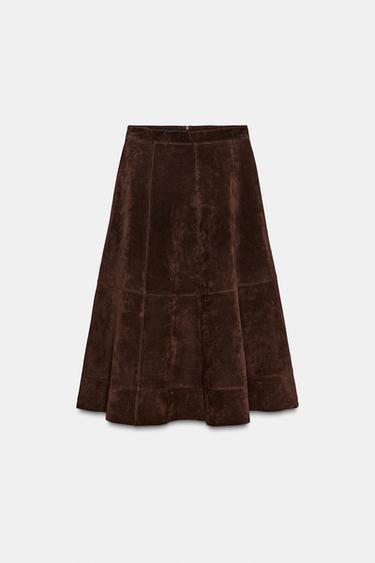 100% SUEDE LEATHER LAYERED SKIRT - Zara 다크 브라운