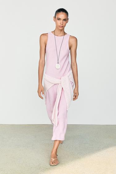 Vestido midi fluido con lino - Rosa pastel de Zara
