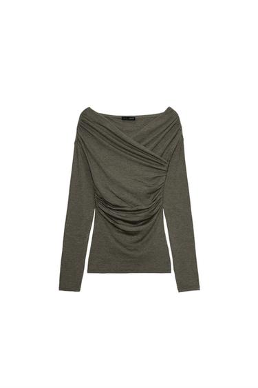 Zara 交叉領垂墜上衣 - 斑紋綠色