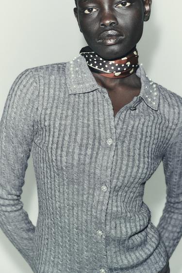 Zara 珠寶領剪裁針織外套 - 斑紋灰色