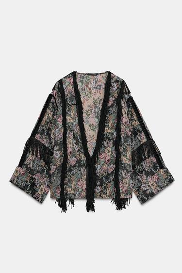 KIMONO JACQUARD FLORES FLECOS - Negro de Zara
