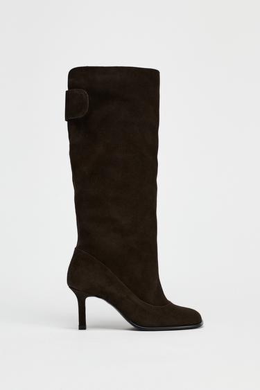 BOTA DE CANO LARGO EM CROUTE - Marrom da Zara