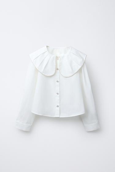 PETER PAN COLLAR SHIRT WITH BEJEWELLED BUTTON - Oyster-white by Zara