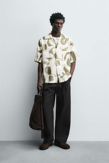 PRINTED VISCOSE/LINEN SHIRT - Khaki by Zara