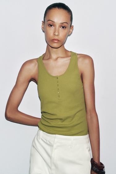 BUTTON COTTON TOP - Olive green by Zara - Image 3