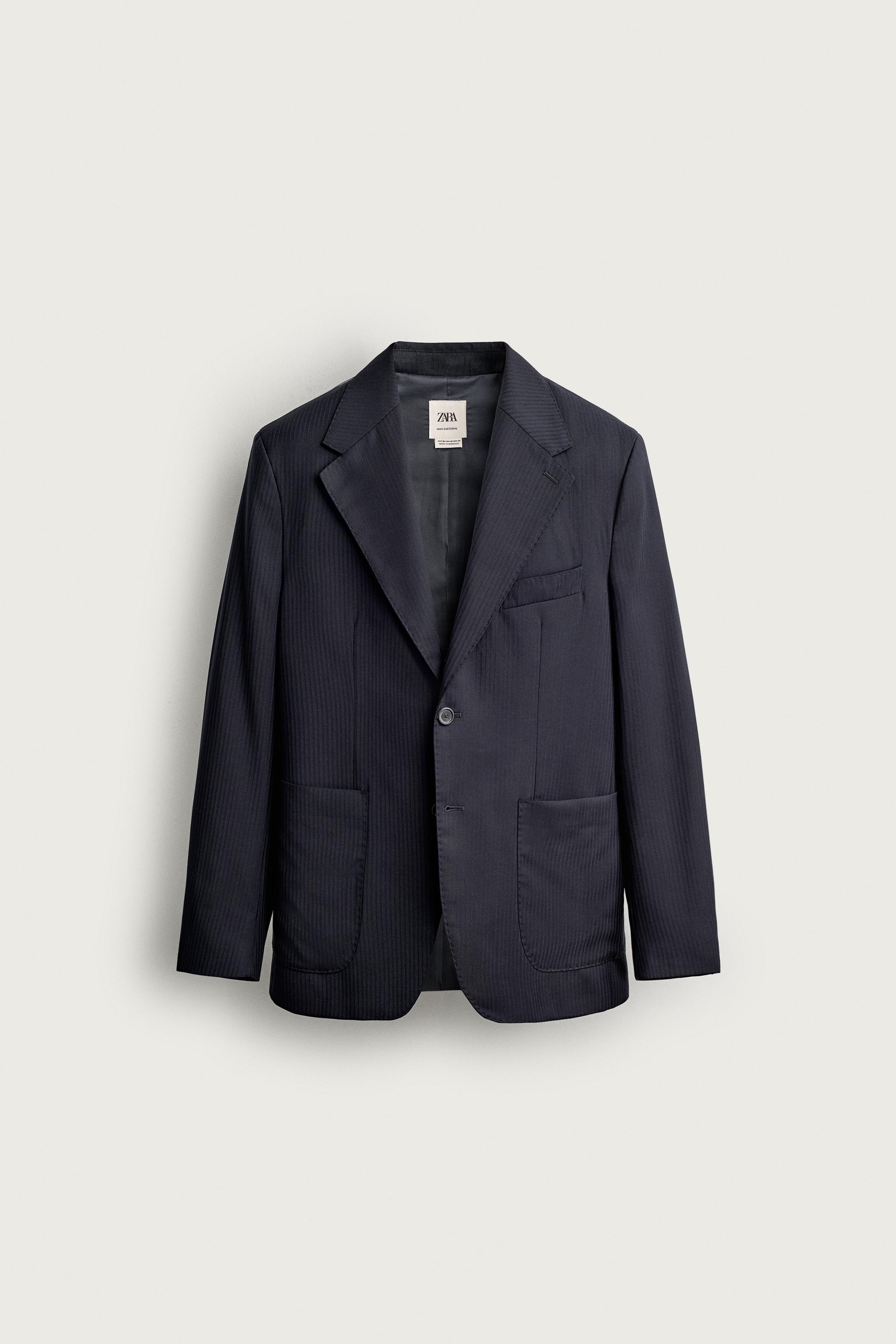 100% WOOL STRIPED BLAZER — Dark navy