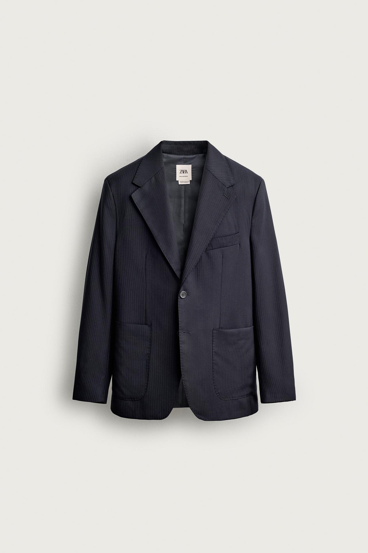 100% WOOL STRIPED BLAZER — Dark navy