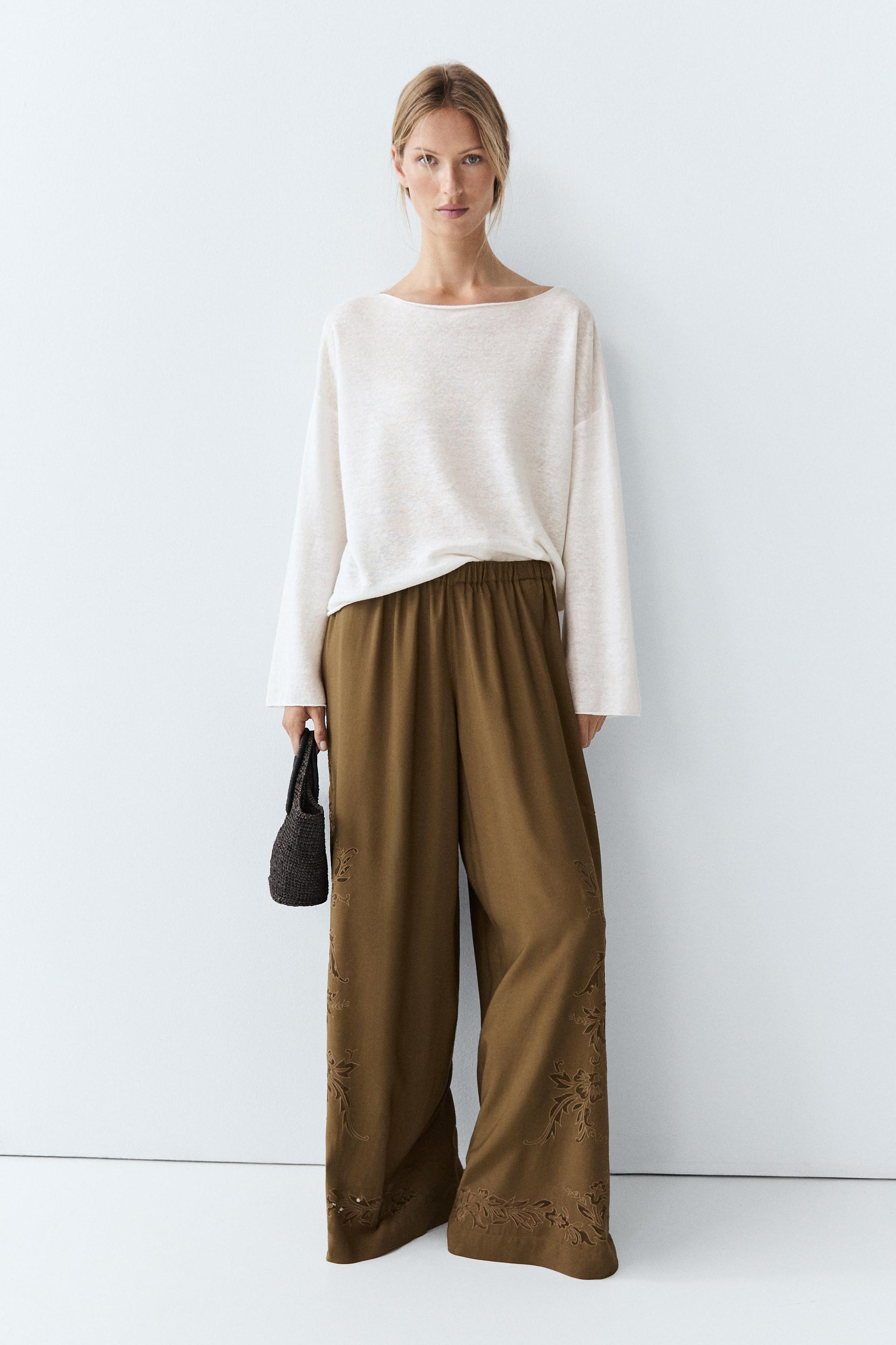 Flowing wide-leg pants with embroidery details - Khaki | ZARA Canada