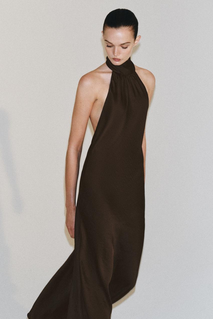 Zara - Zw Collection Satin Halter Dress - Brown - Xl - Woman