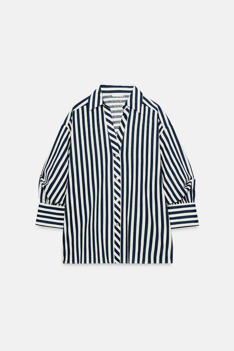 Camisa de manga abullonada a rayas de mezcla de lino 7