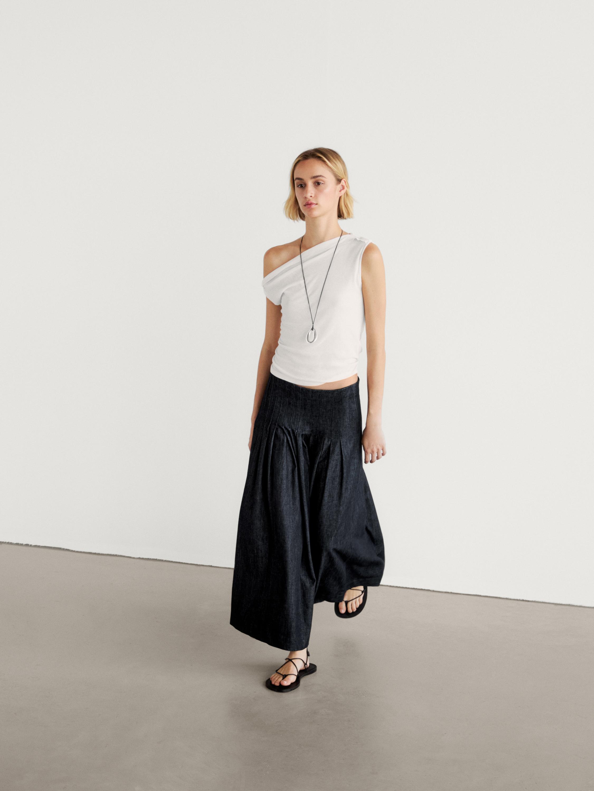 Pleated denim midi skirt with yoke