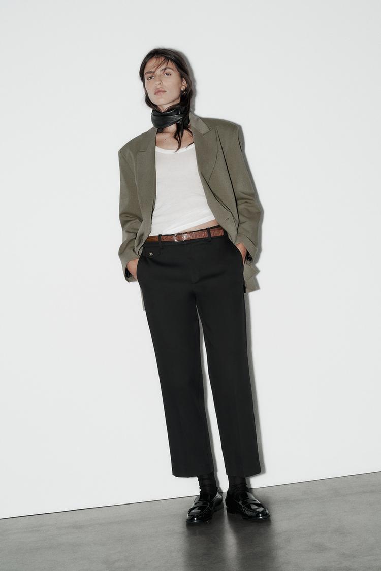 Zara Pantalon Tiro Alto Con Cinturon PANTALÓN RECTO CINTURÓN Negro